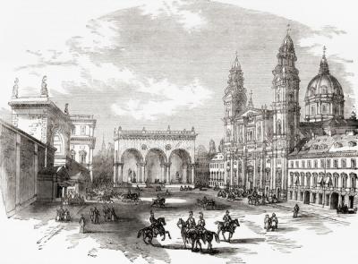 Royal Palace, Hall of Marshals and the Theatine Church of St. Cajetan, Munich, Germany in the 19th century. From The National Encyclopaedia, published c.1890.