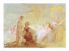 Interior at Petworth House with people in conversation, 1830