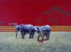 Elephants With Red Sky