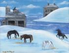 Horses In Snow By River Folk Art