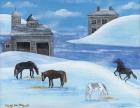 Horses In Snow By River Folk Art