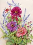 Zinnias and Blue Salvias