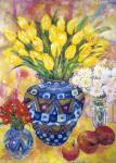 Yellow Tulips In A Blue & Gold Pot