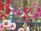 Iron Fence with Hollyhocks