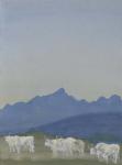 Three Pairs of White Bulls in Front of the Mountains