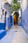 Morocco, Chaouen Narrow Street Lined With Blue Buildings