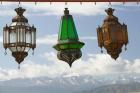 View of the High Atlas Mountains and Lanterns for Sale, Ourika Valley, Marrakech, Morocco