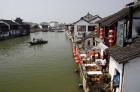 View of river village with boats, Zhujiajiao, Shanghai, China