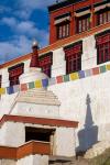 Prayer flags and a chorten at Thiksey Monastery, Leh, Ladakh, India