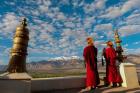 Monks playing horns at sunrise, Thiksey Monastery, Leh, Ledakh, India