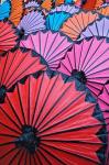 Pattern of newly assembled decorative umbrellas drying in sun, Umbrella Making Center, Bo Sang, near Chiang Mai, Thailand.