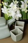 Traditional Thai tea pot and cups with orchid arrangement, Bangkok, Thailand