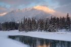 View of Mt Edith and Sawback Range with Reflection in Spray River, Banff, Canada