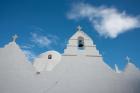 Greece, Cyclades, Mykonos, Hora Church rooftop with Bell Tower