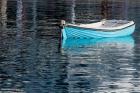 Greece, Cyclades, Mykonos, Hora Blue Fishing Boat with Reflection