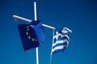 Greece, Mykonos, Hora harbor, Union and Greek Flags