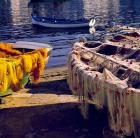 Greece, Mykonos Fishing Nets on Boats
