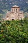 Byzantine church near Fodele, Grove of orange trees and Church of the Panayia, Crete, Greece