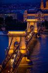 Hungary, Budapest Chain Bridge Lit At Night