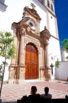 Silhouette of Women Talking in Front of Cathedral, Marbella, Spain