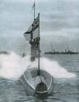 World War I (1914-1918). The British submarine E-8. Sank a German destroyer in the North Sea