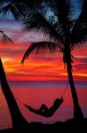 Woman in hammock, and palm trees at sunset, Fiji