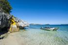 Little motorboats anchoring before the Sawa-I-Lau Caves, Yasawa, Fiji, South Pacific