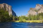Valley view with El Capitan, Cathedral Rocks, Bridalveil Falls, and Merced River Yosemite NP, CA