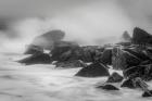 New Jersey, Cape May, Black And White Of Beach Waves Hitting Rocks