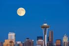 Seattle Skyline View With Full Moon