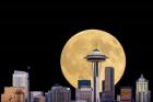 Large Full Moon Behind The Seattle Space Needle