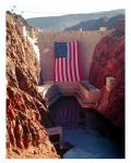 Hoover Dam with large  American flag