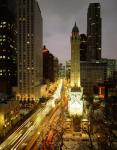 Skyscrapers in a city lit up at night, Chicago, Illinois