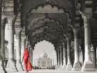 Woman in traditional Sari walking towards Taj Mahal (BW)