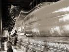 Praying the reclined Buddha, Wat Pho, Bangkok, Thailand (sepia)