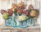 Hydrangeas in Glass Jars White Wood