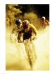 Young men riding bicycles through water