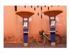 Public telephone booths in front of a wall, Morocco