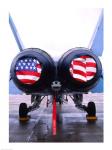 FA-18 Hornet engines covered with American flag, USA