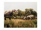 Tyrannosaur standing in front of a group of triceratops in a field