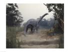 Rear view of an alamosaurus walking in a forest