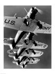 Low angle view of five fighter planes flying in formation