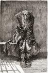 Fagin in the Condemned Cell. " He sat down on a stone bench opposite the door, which served for a seat and bedstead, and casting his bloodshot eyes upon the grond, tried to collect his thoughts. " Illustration by Harry Furniss for the Charles Dickens nove