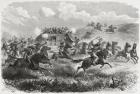 Indians attacking a transcontinental stagecoach in 1867, illustration from 'The World in the Hands', engraved by Charles Laplante (d.1903), published 1878 (engraving)