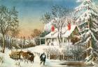 Bringing Home the Logs, Winter Landscape, 19th century (colour litho)