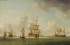 English Ships Under Sail in a Very Light Breeze (oil on canvas)