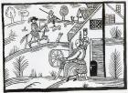 A Country Scene with a woman spinning and two men hunting a stag (woodcut) (b/w photo)