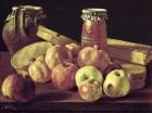 Still Life with Pomegranates, Apples, a Pot of Jam and a Stone Pot (oil on canvas)