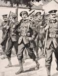 Caricature-like drawing of confident British troops on way to front line Western Front, 1915, from 'The War Illustrated Album deLuxe', published in London, 1916 (litho)