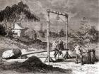 Chinese workers in the 19th century digging a well for the extraction of salt water, from 'Les Merveilles de la Science', published c.1870 (engraving)